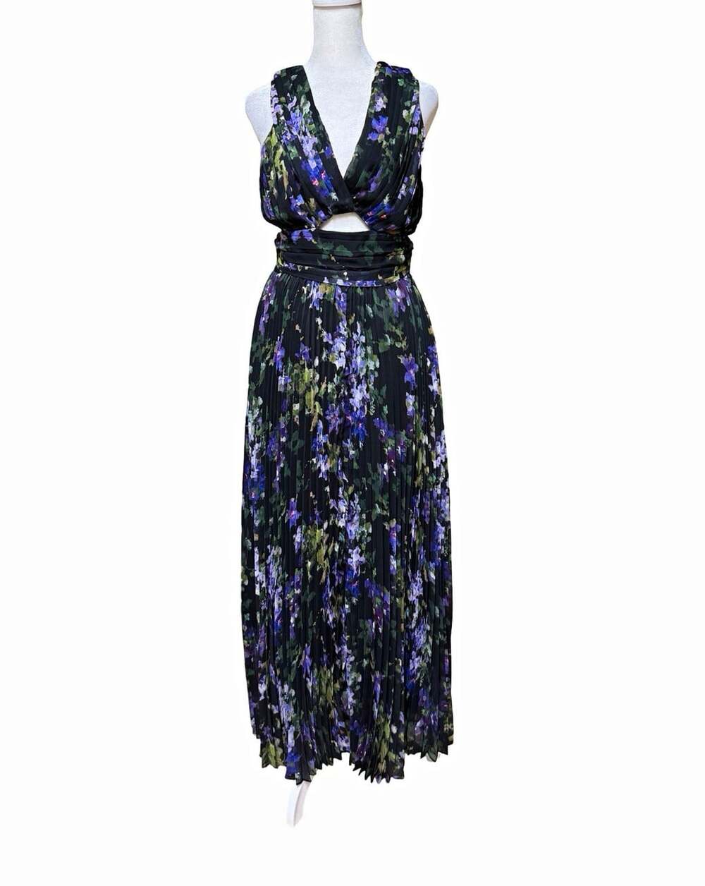 Express Women’s Small NWT Black Purple Floral Pleated Maxi Dress Cutout $128
